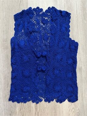 201–Hand-Crocheted Cobalt Blue Sleeveless Crochet Tank Top